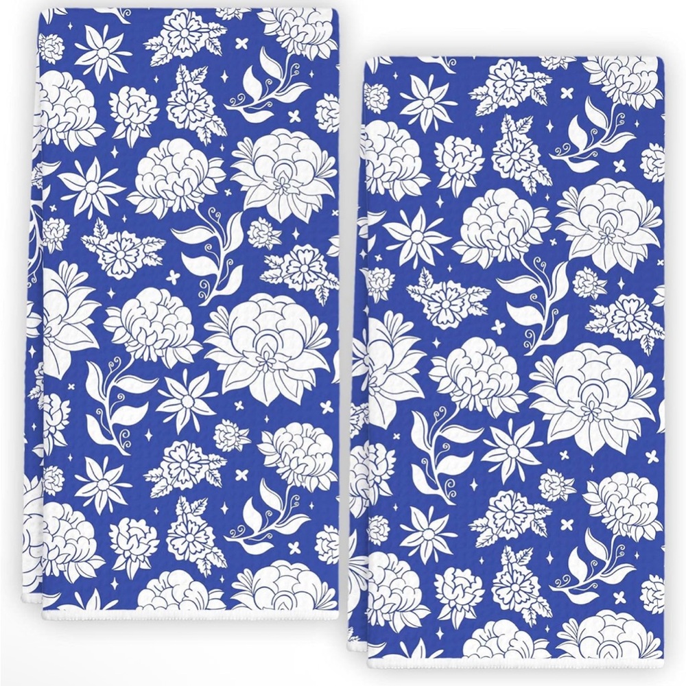 NWT 2pc Blue & White Flowers Floral Spring Kitchen Towels 16 x 24